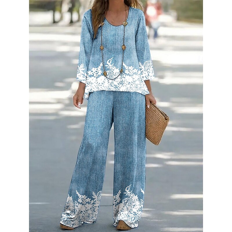 Women's Shirt Blouse 3/4 Length Sleeve U Neck Ombre Floral Graphic Print Outdoor Vacation Casual Black Ink Blue Gray Summer Loose Fit2