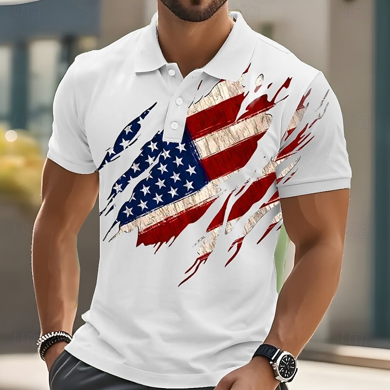 American Independence Day Men's American Flag Polo Short Sleeve Polo Shirts Collared Shirts Casual Outdoor Daily Wear 3D Print Summer White Pink Blue