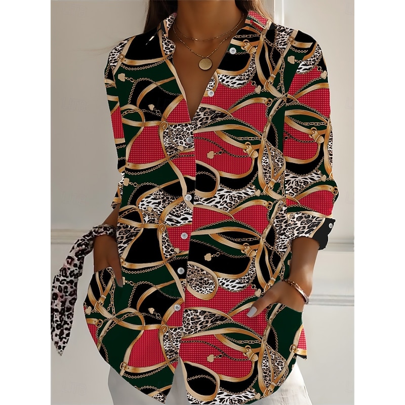 Women's Cotton Linen Shirts Geometric Color Block Daily Casual Long Sleeve Shirt Collar Regular Tops Daily Holiday Buttons Print Wine Red Blue Summer