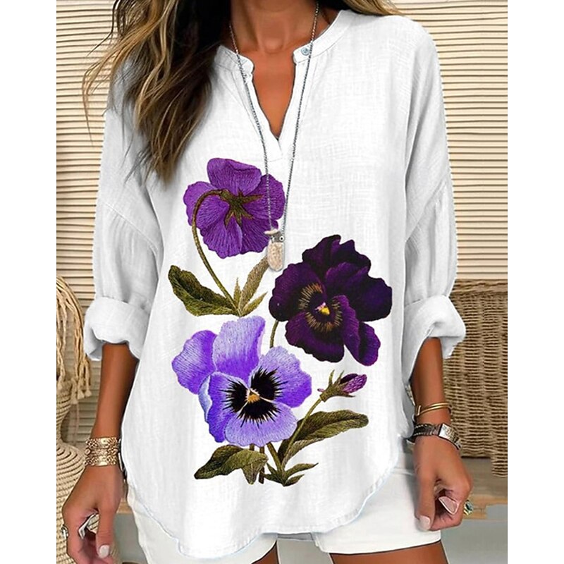 Women's Shirt Flower Daily Stylish Basic Long Sleeve V Neck Regular Tops Daily Holiday Print White Lavender Purple Spring Fall3