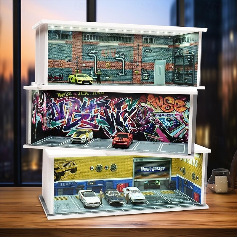 1:64 Model Car Display Case Diecast Diorama Garage，Simulated Parking Lot Model Miniature Scene Parking Lot PVC Assembly with Light Parking Space Model Display Frame Toy Display Box