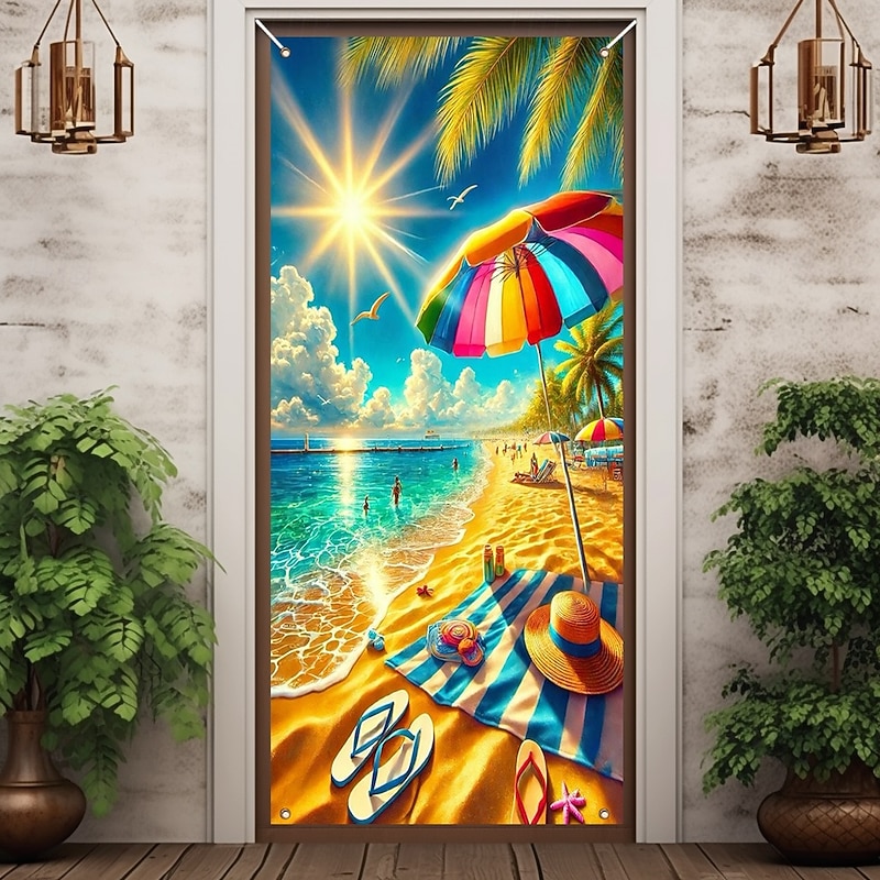 Ocean Beach Sunshine Door Decorations Door Covers Door Tapestry Door Curtain Decoration Backdrop Indoor/Outdoor Door Banner for Front Door Farmhouse