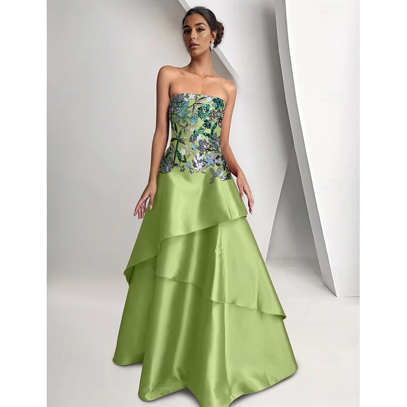 Beaded Gown Dropped Waist A-Line Evening Gown Asymmetrical Tiered Dress Formal Semi Formal Wedding Floor Length Sleeveless Satin4