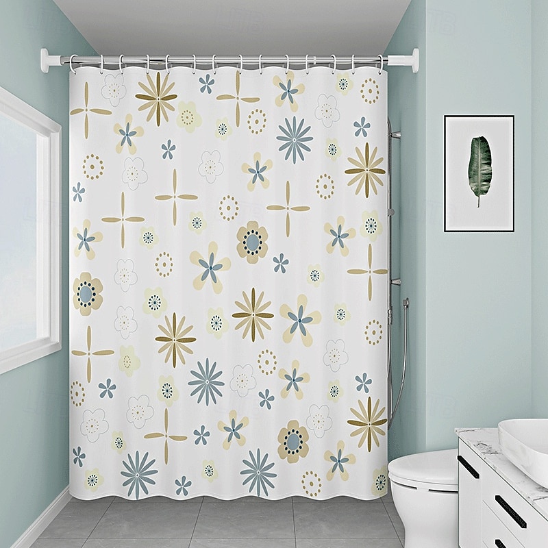 PEVA Shower Curtain Floral Pattern Printed Bath Curtain Waterproof Mildew Proof, Including Hooks 180x180cm 70"x70" 240cm Long2
