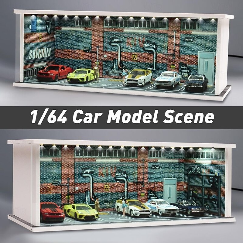 1:64 Model Car Display Case Diecast Diorama Garage，Simulated Parking Lot Model Miniature Scene Parking Lot PVC Assembly with Light Parking Space Model Display Frame Toy Display Box3