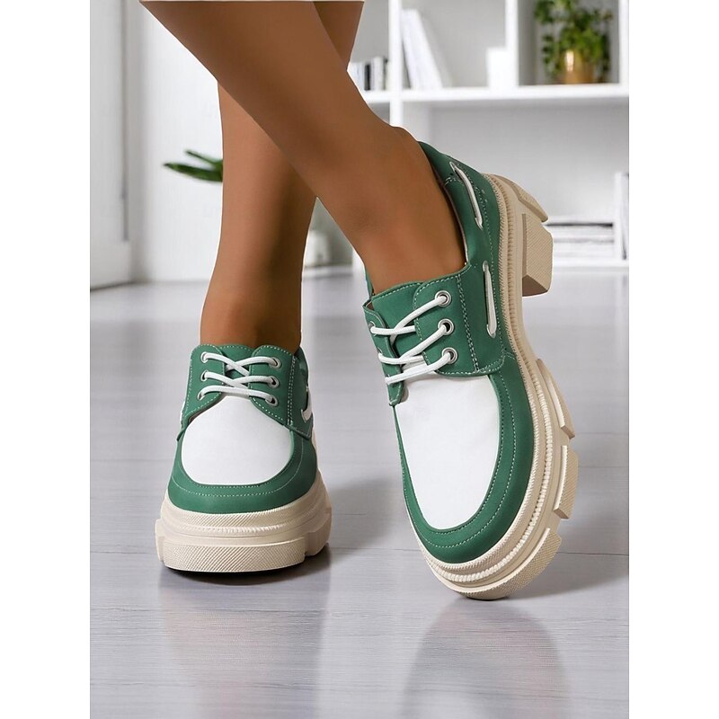 Women's Oxford Style Platform Shoes - Trendy Green and White Color Block with Chunky Sole, Ideal for Commuter Wear and Casual Office Days4