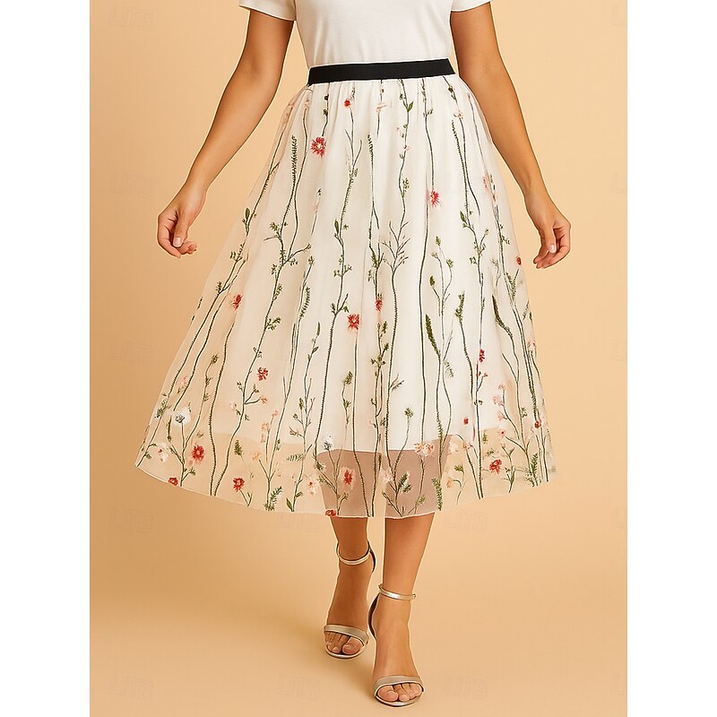 Women's Skirt A Line Elegant Fashion Casual Maxi High Waist Skirts Floral Embroidered Micro-elastic Street Daily Black White Red Blue Summer Polyester