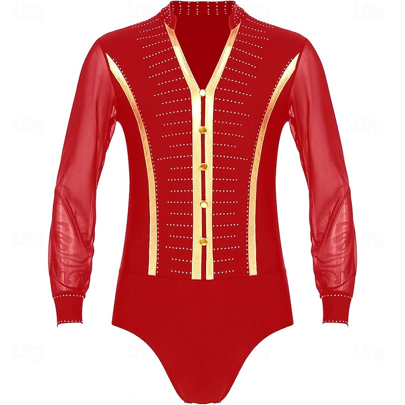 Men's Shiny Rhinestone Deep V Neck Latin Tango Dance Shirt Leotard Ballroom Dance Costume