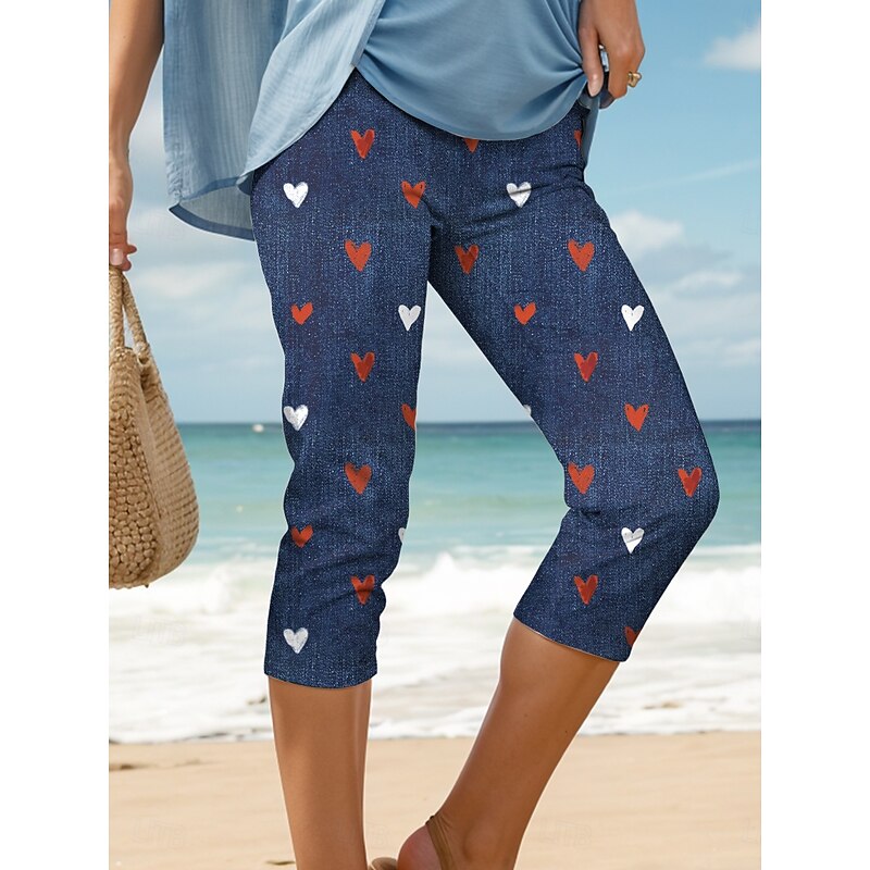 Women's Leggings Vacation Vintage Fashion Calf-Length High Waist Heart Graphic Printing Breathable Soft Stretchy Formal Outdoor Vacation Robin's Egg Blue Navy Sky Blue White Summer Spring Slim Fit