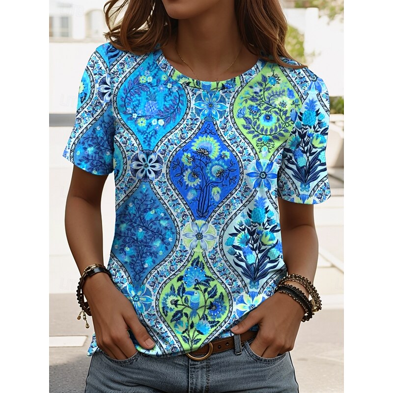 Women's T Shirt Floral Graphic Geometric Vintage Stylish Classic Short Sleeve Crew Neck Regular Tops Daily Weekend Print Blue Fuchsia Orange Summer Spring4