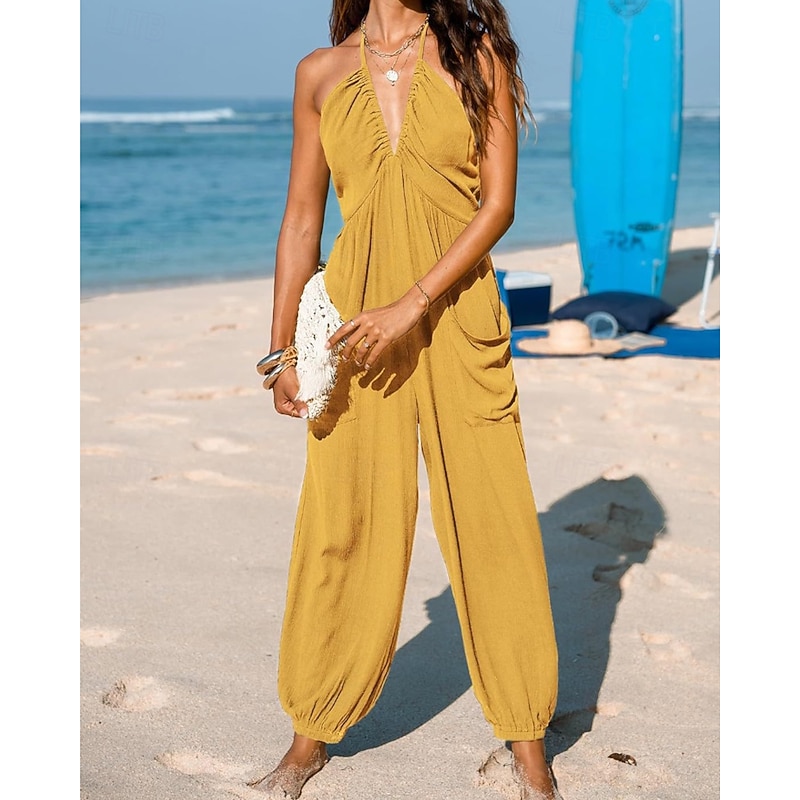 Women's Normal Jumpsuit Streetwear Solid Color Sleeveless Halter Neck Pocket Street Daily Regular Fit Black Yellow Navy Blue Summer
