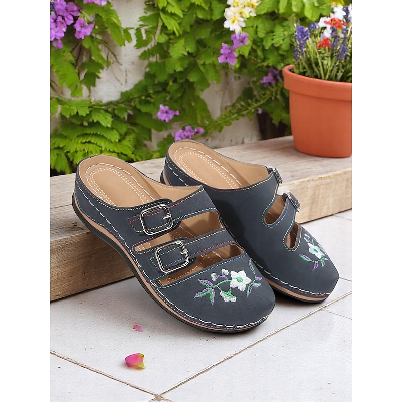 Women's Embroidered Cutout Buckle Strap Mules – Vintage-Inspired Floral Casual Shoes, Great for Spring Walks and Daily Style4
