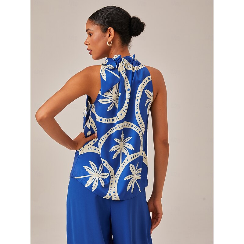 Geometric Print Sleeveless Top with Ruffle Tie Neck2