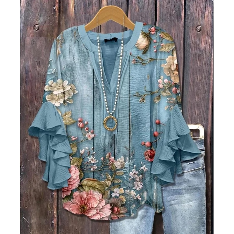 Women's Blouse V Neck Layered Ruffle Sleeve Tops Floral Graphic Bohemia Vintage Daily 3/4 Length Sleeve Regular Tops Daily Holiday Vacation Wear Print White Blue Dusty Blue Orange Summer Spring Fall