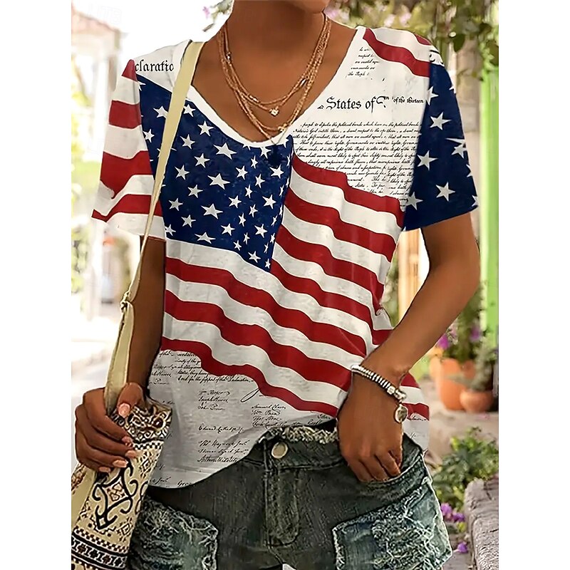 Women's Patriotic  T Shirt Flag American Flag Vintage Fashion Hawaiian Short Sleeve V Neck Regular Tops Daily Weekend Beach Wear Print Red Summer Spring