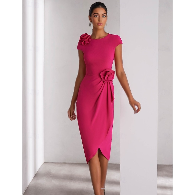 Column Cocktail Dresses Elegant Formal Wedding Guest Ankle Length Short Sleeve Crew Neck Stretch Crepe with Shouder Flower