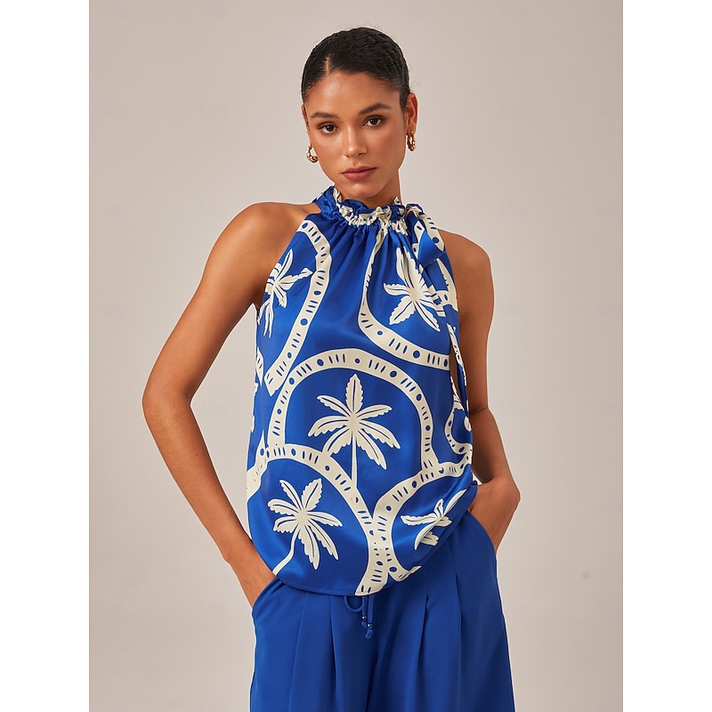 Geometric Print Sleeveless Top with Ruffle Tie Neck