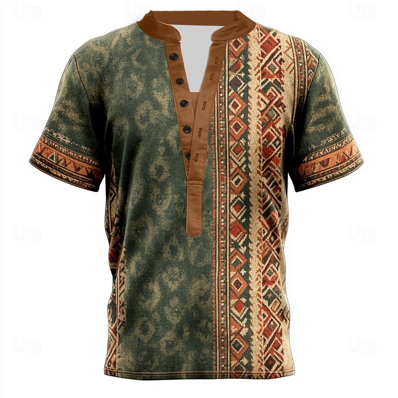 Men's Tribal Ethnic T Shirt Henley Shirt Tee Short Sleeve Designer Basic Ethnic Outdoor Casual Daily Summer Green Khaki Gray Henley Henley T-Shirt