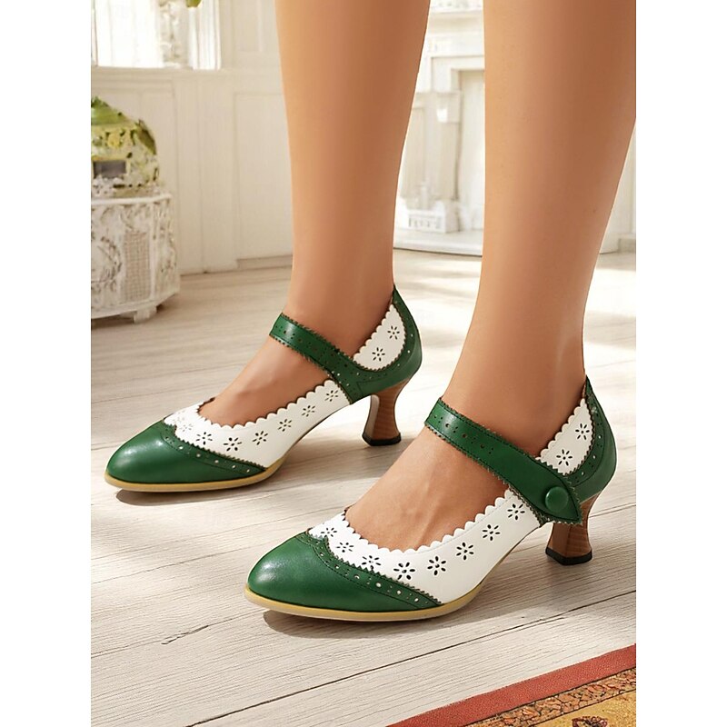Women's 1900s Edwardian Vintage Gatsby Mary Jane Shoes-Green and White Leather Cutout Heels with Scalloped Edge, Perfect for Historical Costumes, Retro Parties, and Daily Wear4