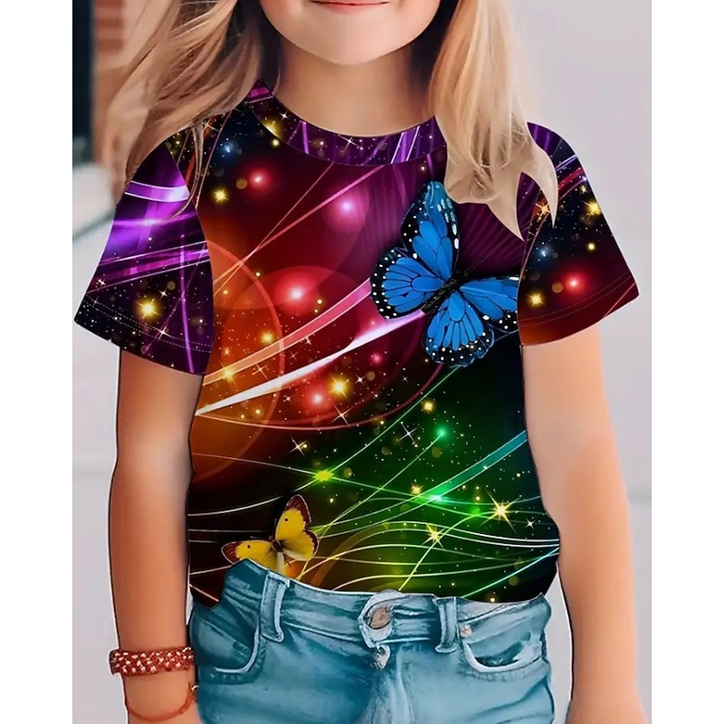 Kids Girls' T shirt Butterfly Outdoor Short Sleeve Crewneck Streetwear 4 years+ Summer Black Red Blue