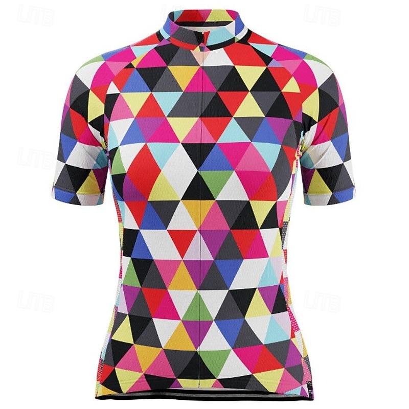Women's Cycling Jersey Geometry Short Sleeve Bike Tee Tshirt Jersey Top with 3 Rear Pockets Mountain Bike MTB Road Bike Cycling Quick Dry Reflective Strips Moisture Wicking Breathable Sports Red