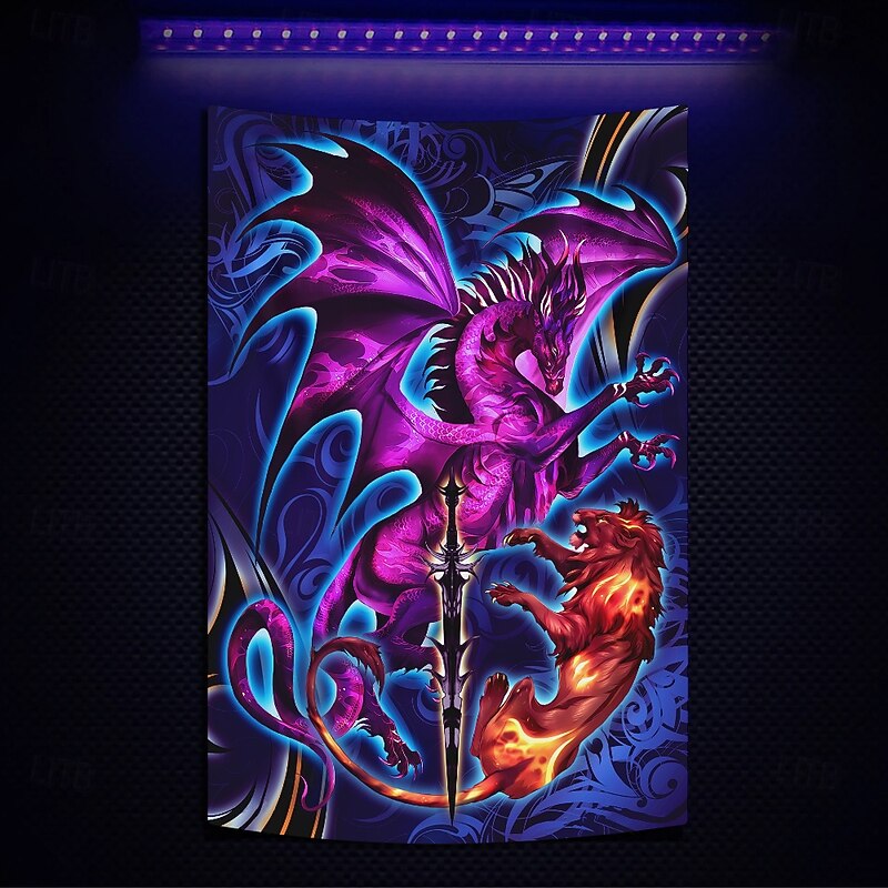 Ruth Thompson Blacklight Tapestry Glow in the Dark Glow Party UV Reactive Trippy Misty Hanging Tapestry Wall Art Mural for Living Room Bedroom Dragonblade Lionblade HI REZ