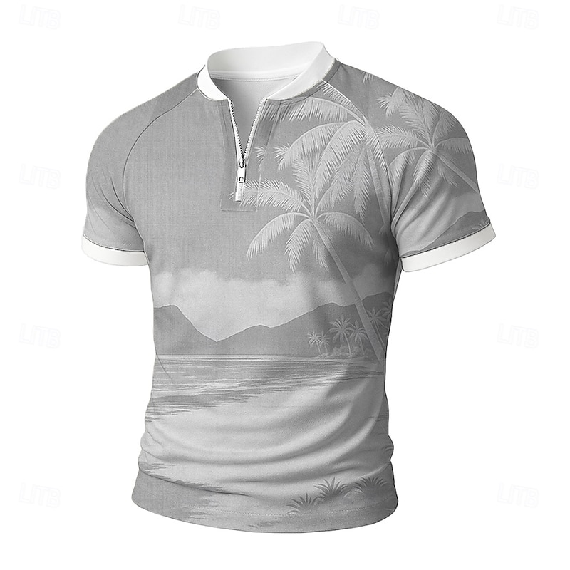 Men's Palm Tree Zip Polo Short Sleeve Stand Collar Vacation Leisure Athleisure Hawaiian Casual Daily Zipper 3D Print Summer Robin's Egg Blue Light Green Brown3