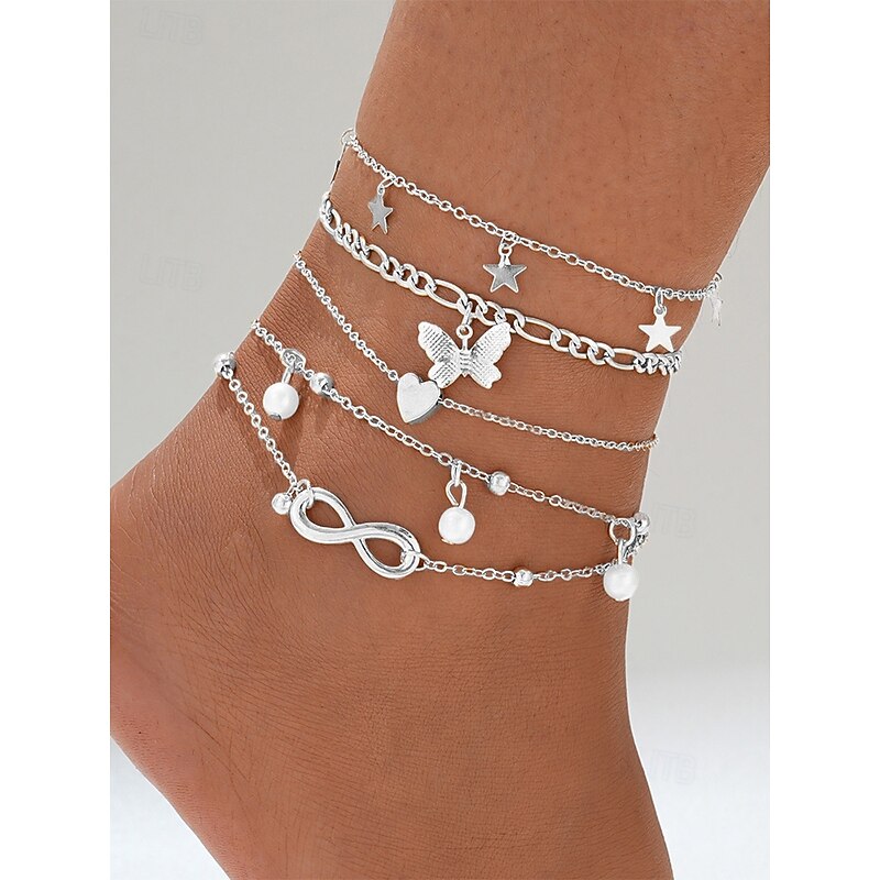 Women's Gold-Plated Layered Anklet Set with Butterfly, Heart, Star, Infinity, and Pearl Charms - Adjustable, Boho Chic Style for Beach and Casual Wear3