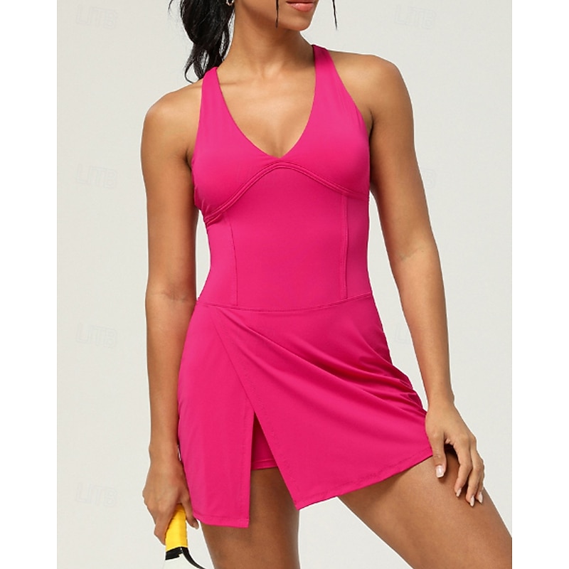 Women's Solid Colored Tennis Dress with Built in Shorts and Bra Sports Dress Sleeveless Layered Cut Out Split Breathable Tennis Golf Pickleball V Neck Crisscross Back Navy Black White Tennis Clothing
