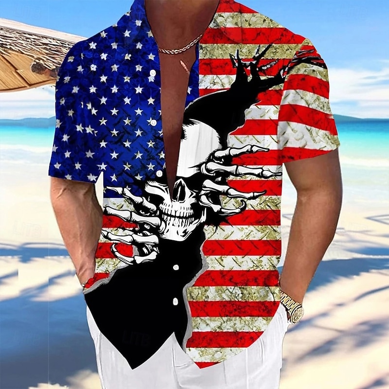 Independence Day Men's Skull American US Flag Patriotic Shirt Summer Shirt Button Up Shirt Short Sleeve Fashion Casual Holiday Summer Spring Turndown 3D Print Collared Shirts Front One Pocket Blue