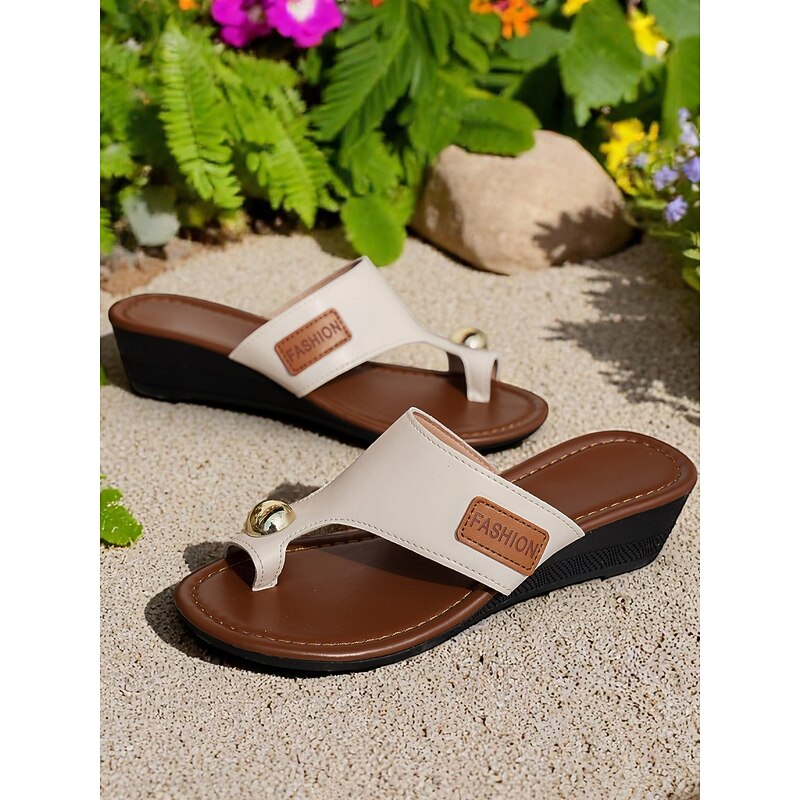 Women's Casual Brown Slide Sandals - Simple and Comfortable with Toe Loop and Gold Accent, Ideal for Outdoor Activities and Beach Days3