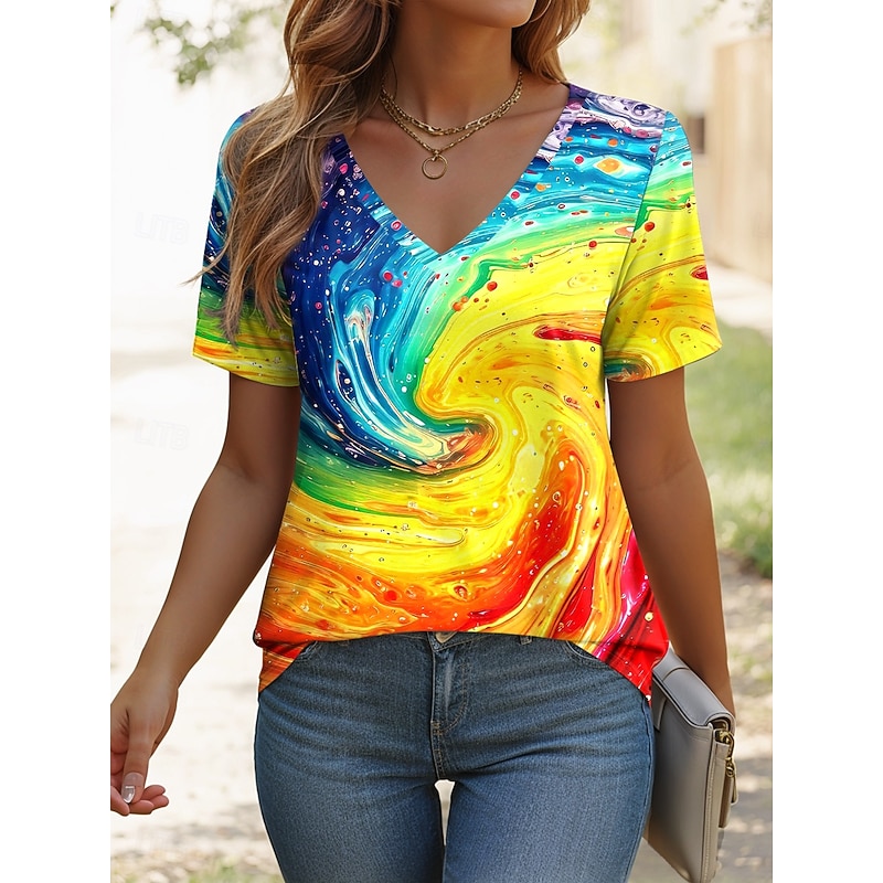LGBT Pride Parade Pride Raindow Women's T Shirt Graphic Geometric Vintage Stylish Classic Short Sleeve V Neck Regular Tops Daily Weekend Print Yellow Orange Summer Spring