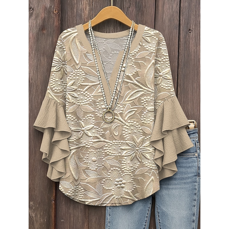 Women's Retro Blouse Layered Ruffle Sleeve Tops Vintage Floral Graphic Daily Stylish Casual 3/4 Length Sleeve Regular Tops Daily Holiday Vacation Wear Print Pink Blue Purple Khaki Summer