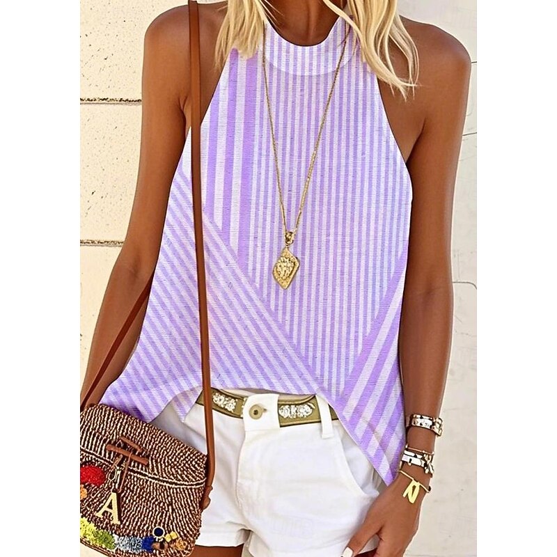 Women's Blouse Graphic Striped Stylish Casual Sleeveless Crew Neck High Neck Regular Tops Daily Print Pink Blue Purple Green Summer Spring3
