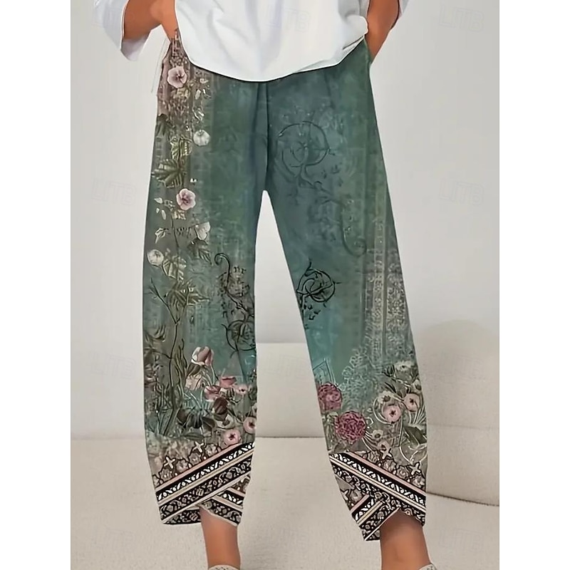 Women's Wide Leg Chinos Baggy Pants Vacation Vintage Ethnic Style Ankle-Length High Waist Floral Graphic Printing Thermal Warm Soft Breathable Micro-elastic Vacation Street Causal Ash Violet Robin's