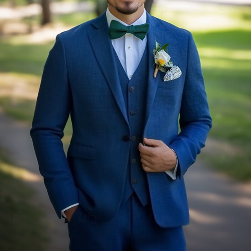 Men's Wedding Linen Suits Royal Blue Summer Fashion Formal Solid Colored Standard Fit 3 Piece Single Breasted One-button
