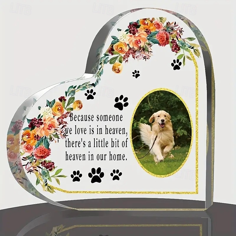 Personalized Acrylic Heart Pet Memorial Plaque, Custom Dog Photo Block and Paw Print Keepsake, Sympathy Gift for Pet Loss, Tabletop Decor for Valentine's Day, Christmas, Thanksgiving, Graduation