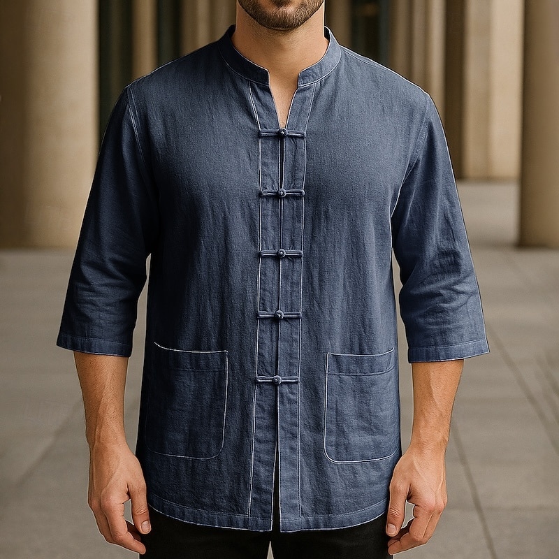 Men's Shirt Linen Shirt Casual Shirt Button Up Shirt Cotton Shirt Plain Vacation Casual Daily Black White Navy Blue Beige Half Sleeve Band Collar Summer Spring Clothing Apparel Front Pocket3