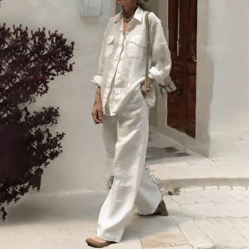 Women's Active Shirt Cotton Linen Shirts Blouse Long Sleeve Shirt Collar Solid Color Dubbele Rij Knopen Vacation Date White Pink Wine Summer Regular Fit2