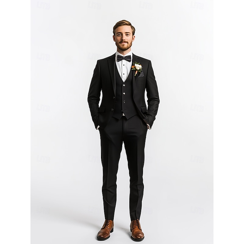 Men's Wedding Business Suits Notch Lapel Black Fashion Formal Solid Colored Standard Fit 3 Piece Single Breasted Two-buttons2