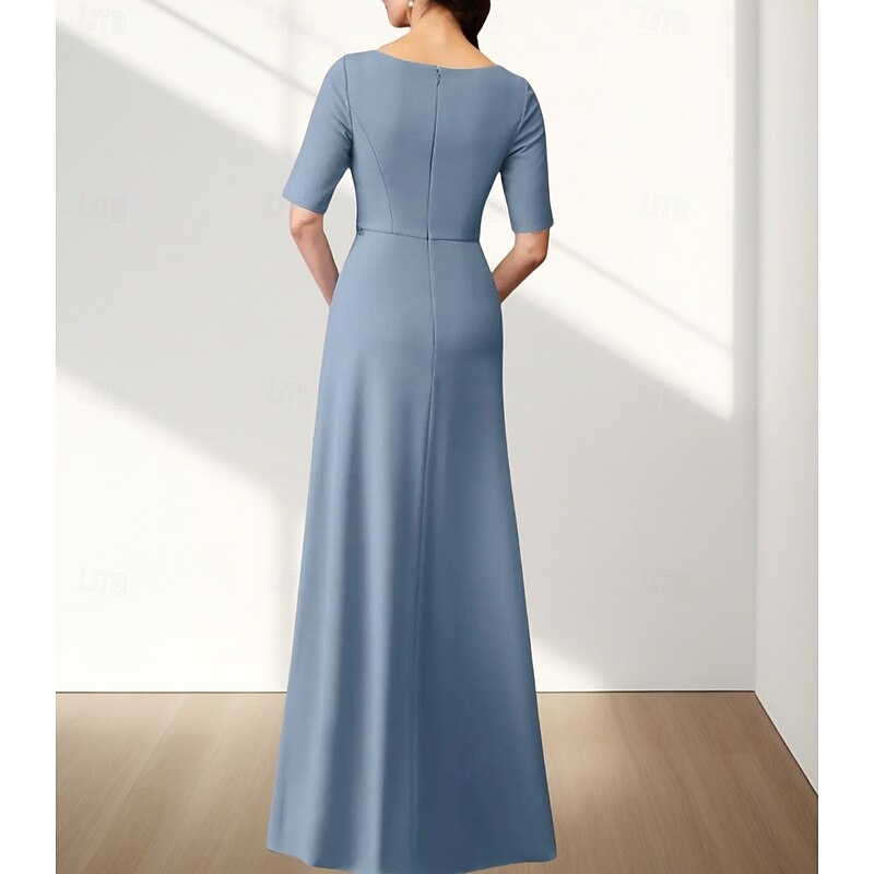A-Line Mother of the Bride Dress Wedding Guest Elegant Crew Neck Floor Length Chiffon Stretch Fabric Half Sleeve with Appliques Ruching2