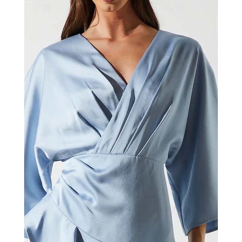 SkyA-Line Mother of the Bride Dress Elegant Simple Luxurious V Neck Asymmetrical Floor Length Wedding Guest Dress Satin 3/4 Length Sleeve with Pleats Ruffles2