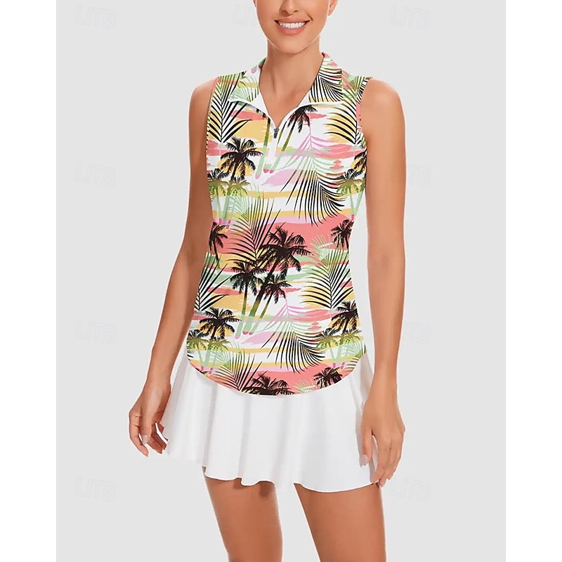 Women's Tropical Tennis Shirt Sleeveless Print UPF50+ Quick Dry Tennis Golf Badminton Zip Collar Tee Tshirt Top Pink Tennis Clothing