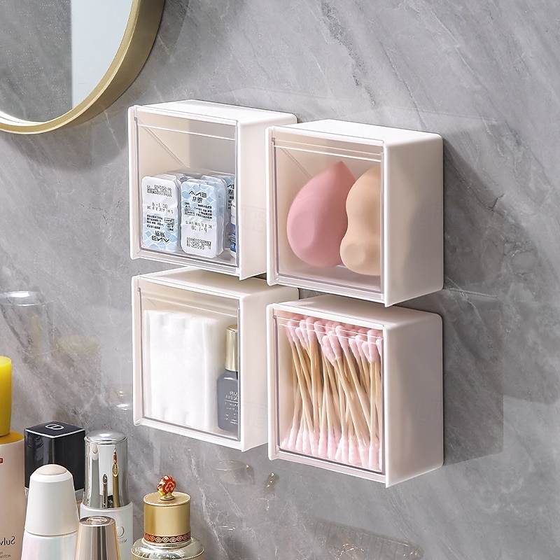 Wall-Mounted Flip Storage Boxes for Bathroom, No-Drill Makeup Organizer for Cotton Swabs, Hair Ties, Lipsticks, Ideal for Vanity, Bathroom, and Living Room