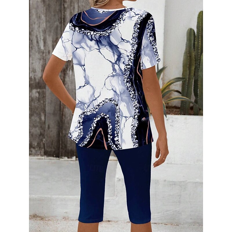 Women's Fashion T Shirt Shorts Sets Short Sleeve V Neck Floral Graphic 3D Print Print Casual Daily Wine Army Green Dark Navy Summer Regular Fit2