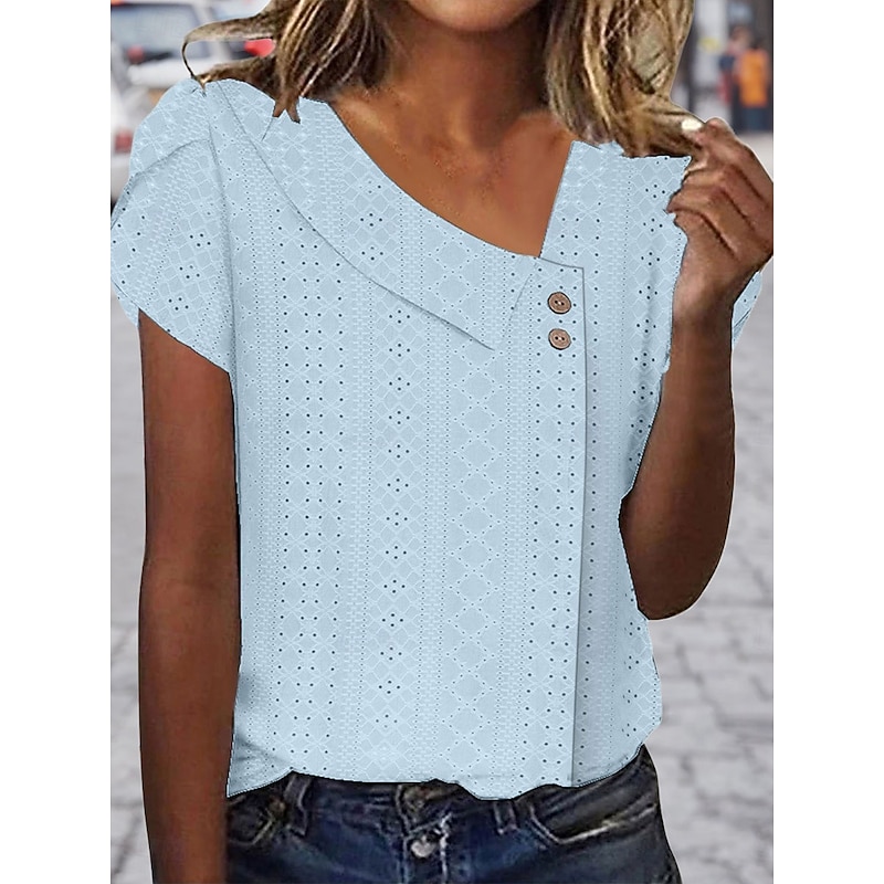 Women's T Shirt Solid Color Plain Fashion Stylish Modern Short Sleeve V Neck Regular Tops Daily Weekend Buttons Eyelet White Yellow Pink Blue Purple Summer