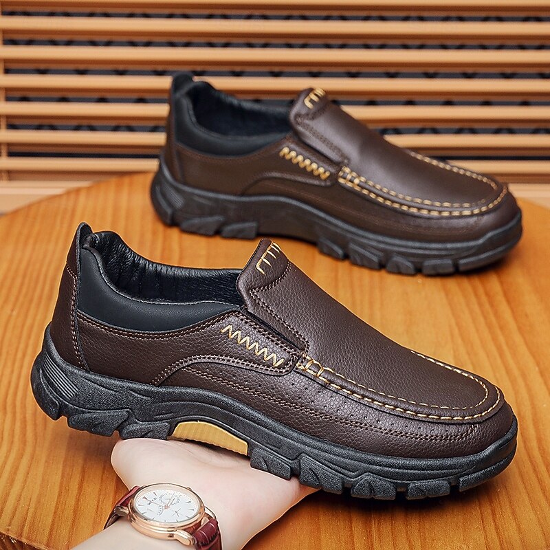 Men's Dark Brown Slip-On Leather Shoes with Rugged Sole - Durable and Fashionable Footwear for Outdoor Use2