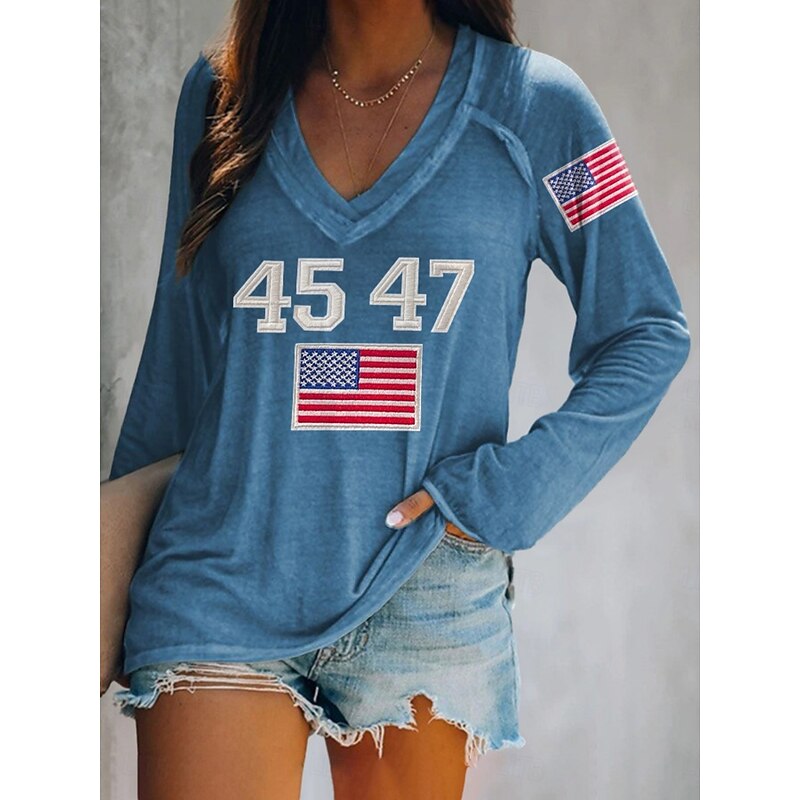 Women's Patriotic Shirt Flag Stylish Casual Long Sleeve V Neck Regular Tops Daily Print White Red Blue Green  Spring Prefall4