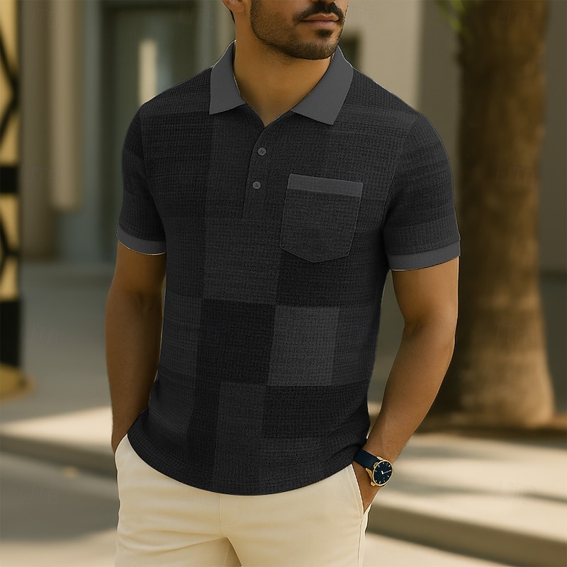 Men's Color Block Waffle Polo Shirts Short Sleeve Polo Shirts Collared Shirts Business Casual Business Athleisure Daily Wear Buttons Pocket 3D Print Summer Black Blue Purple3