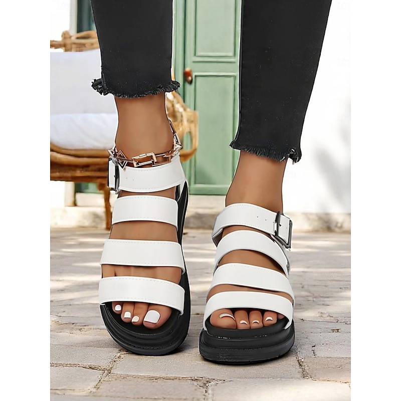 Women's White Buckled Strappy Sandals – Casual Sporty Flat Shoes for Daily Walking, Travel, and Summer Outings